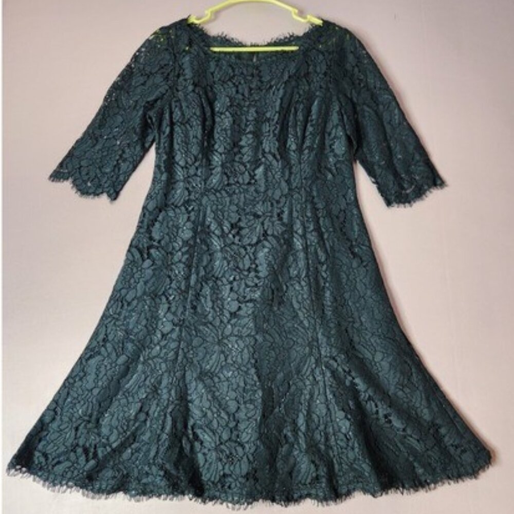 Eliza‎ J Womens Green Lace Overlay Evening Cocktail Dress Sz 3/4 Sleeves Sz 10